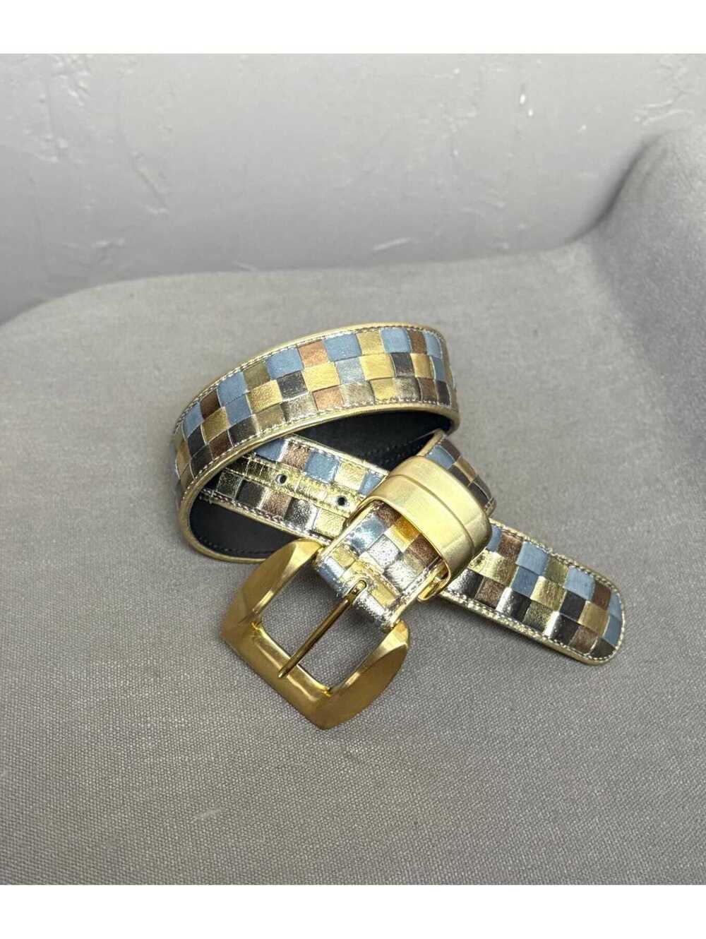 1980's Silver and Gold Woven Checks Belt Big Buckle Glam 80s S/M Faux Leather